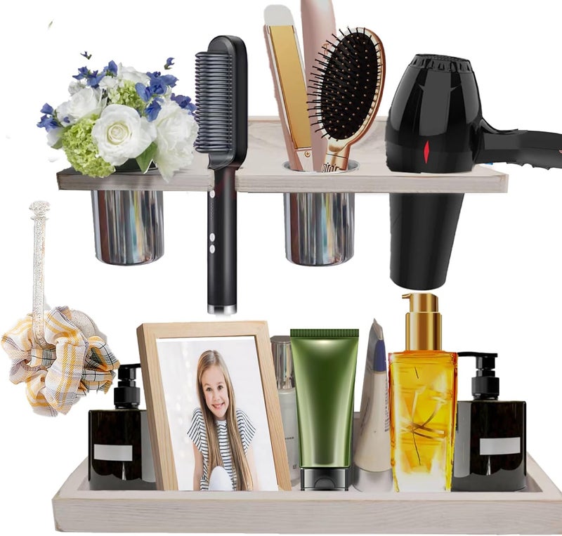 Ayxeute Wall-Mounted Hair Tool Organizer with Heat Resistance - Set of 2 Layer Rustic Blow Dryer Holder (White) - Image 1